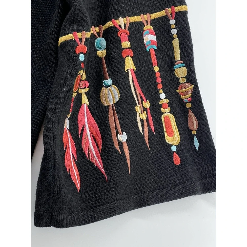 Bob Mackie Cardigan Sweater L Art Embroidered Feathers Artsy Aztec Southwest VTG - Picture 5 of 15